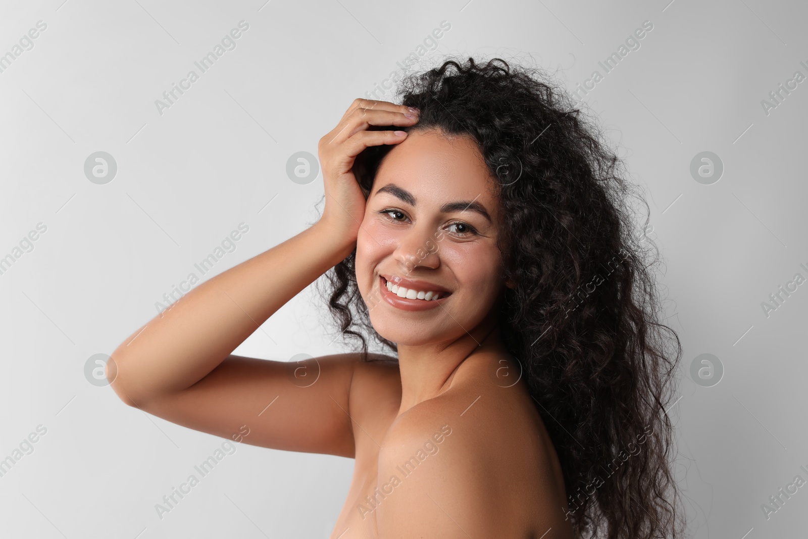 Photo of Cosmetology. Beautiful woman with perfect skin on white background