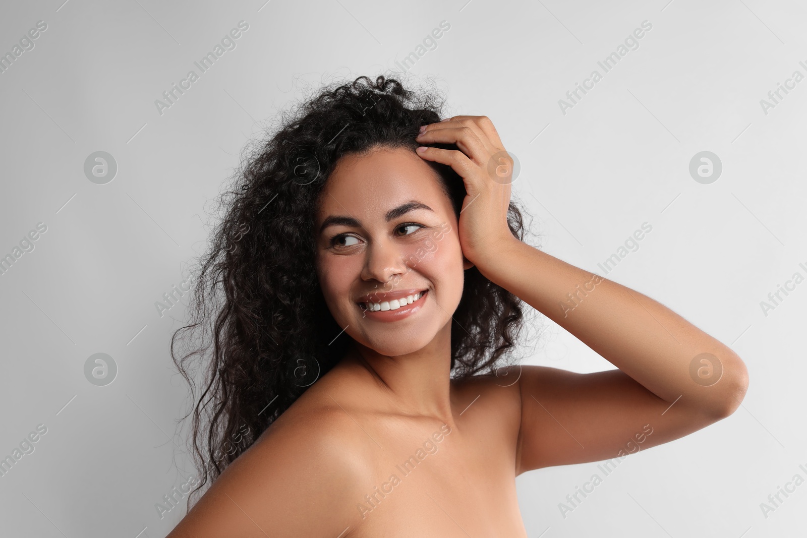 Photo of Cosmetology. Beautiful woman with perfect skin on white background