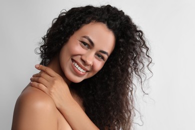 Photo of Cosmetology. Beautiful woman with perfect skin on white background