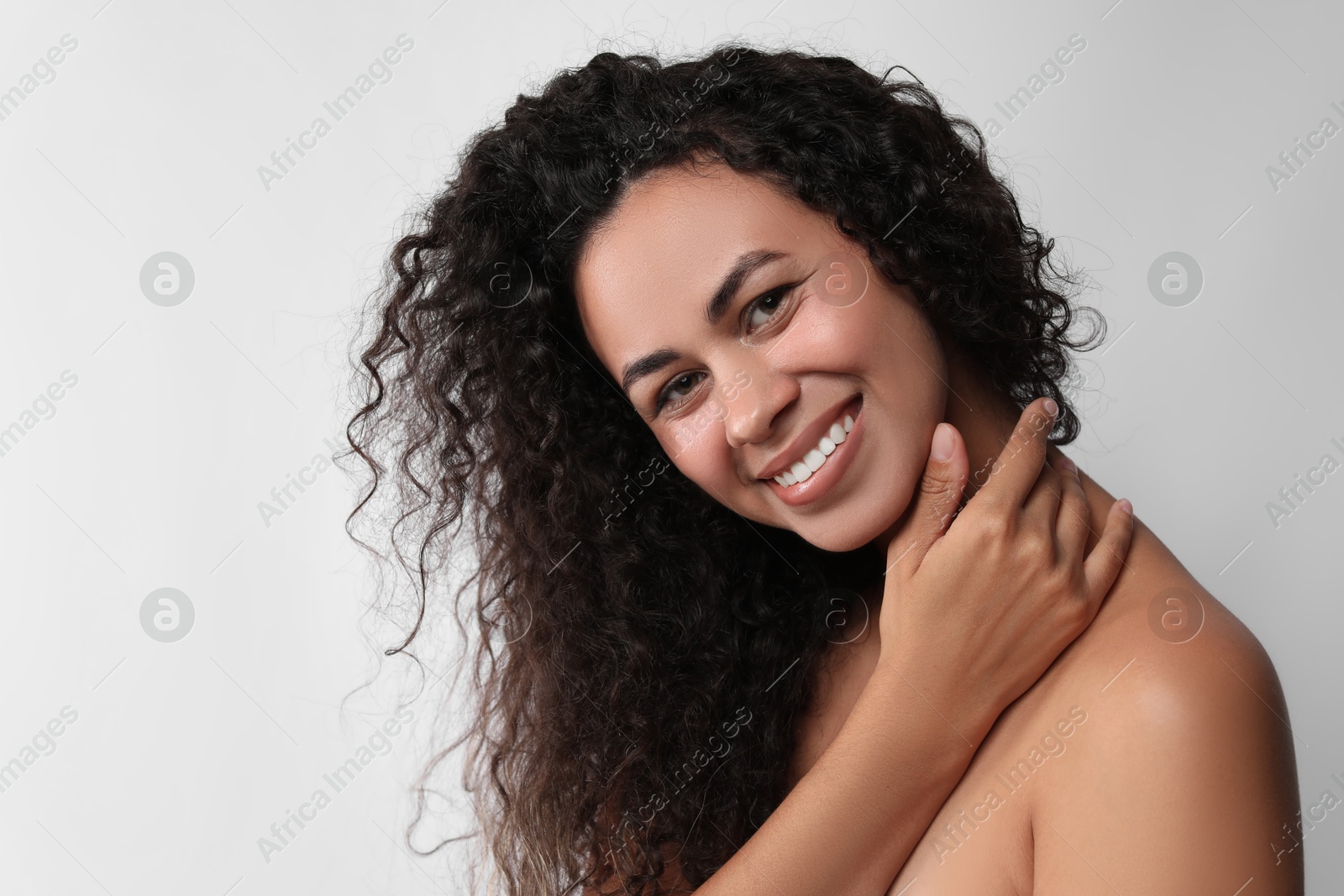 Photo of Cosmetology. Beautiful woman with perfect skin on white background