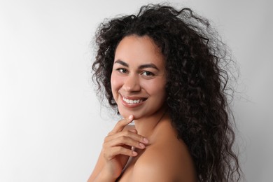 Photo of Cosmetology. Beautiful woman with perfect skin on white background