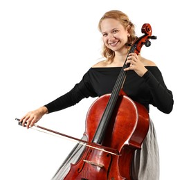 Photo of Beautiful young woman playing cello on white background