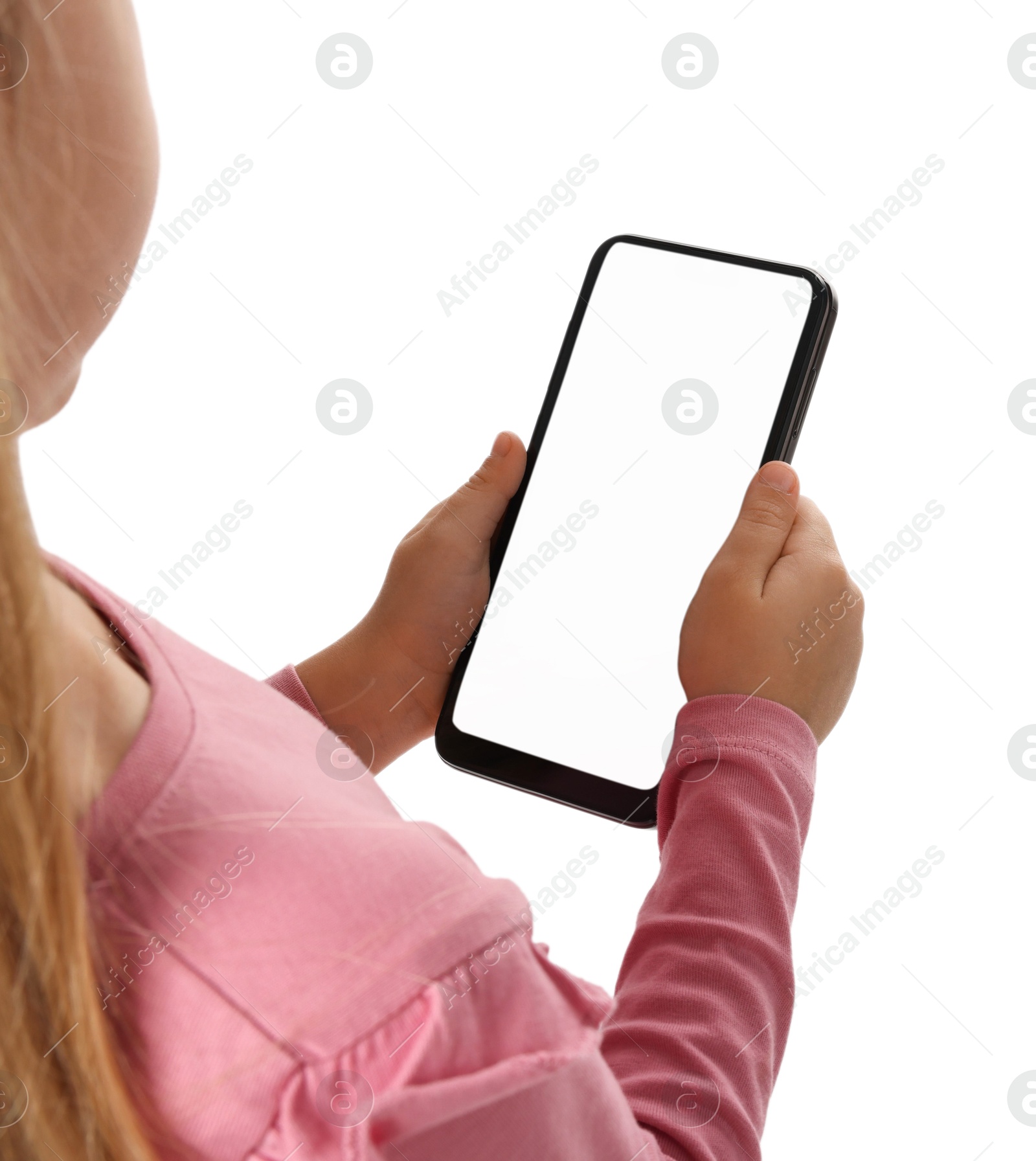 Photo of Little girl with smartphone on white background, closeup