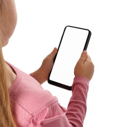 Photo of Little girl with smartphone on white background, closeup