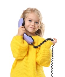 Photo of Cute little girl with handset of telephone on white background