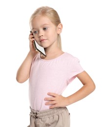 Photo of Cute little girl talking on smartphone against white background