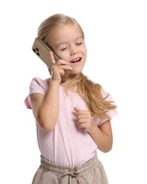 Photo of Cute little girl talking on smartphone against white background