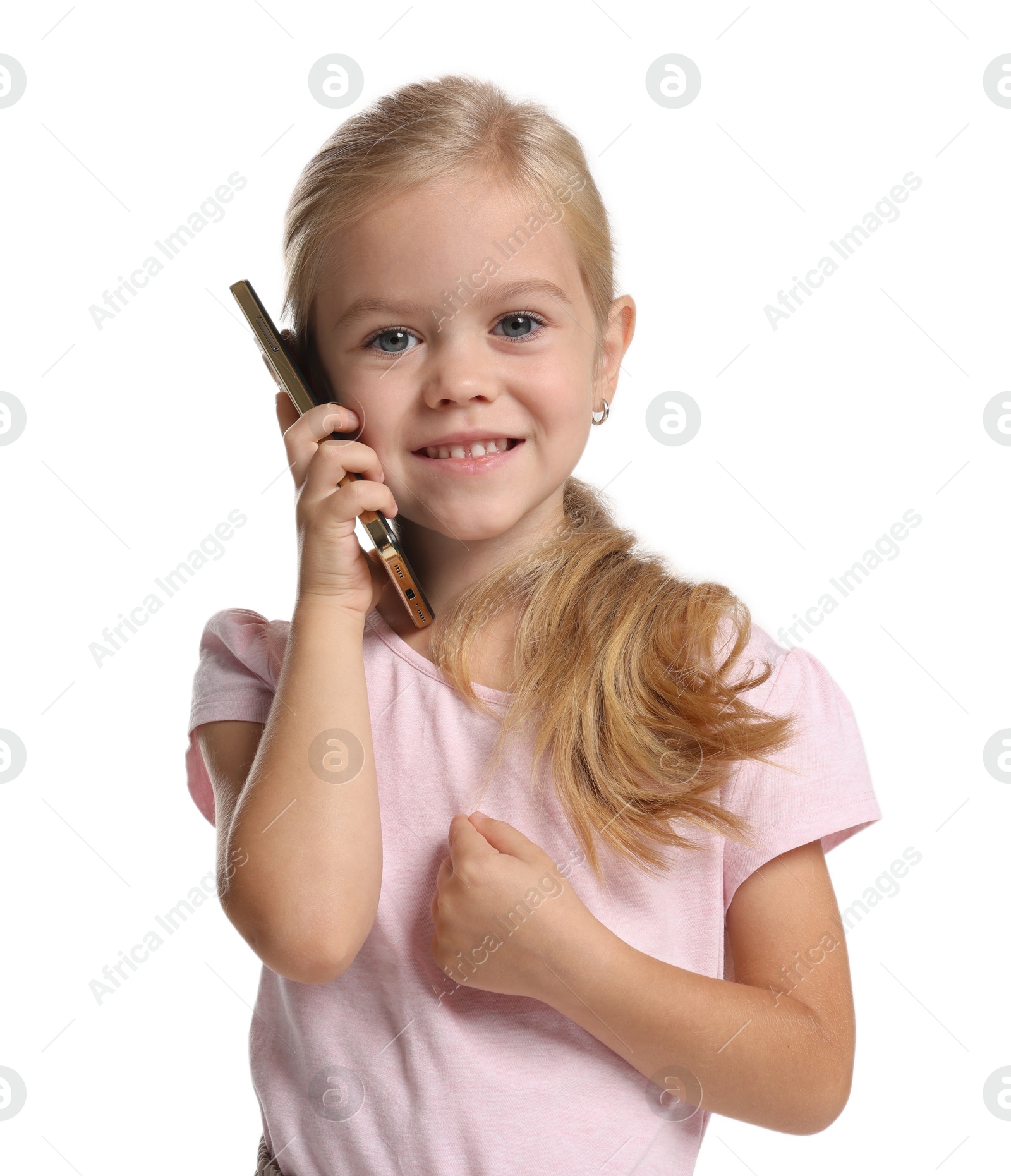 Photo of Cute little girl talking on smartphone against white background