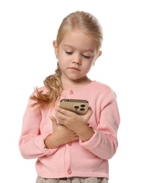 Photo of Cute little girl with smartphone on white background