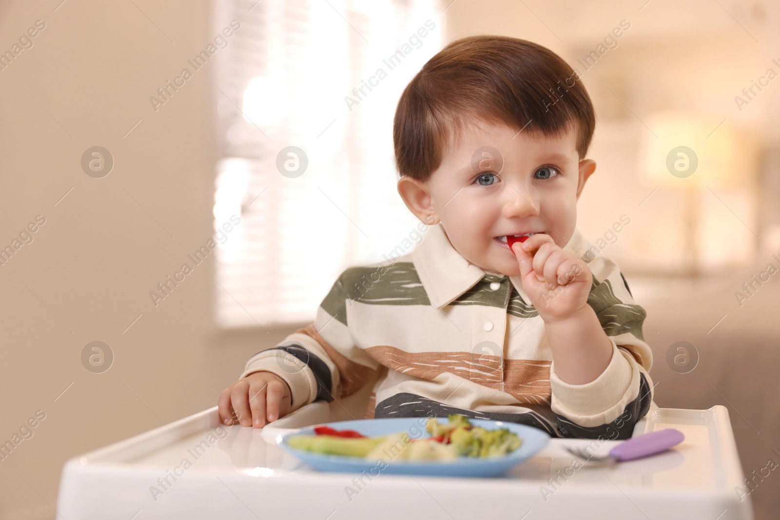 Photo of Cute little baby eating healthy food in high chair at home