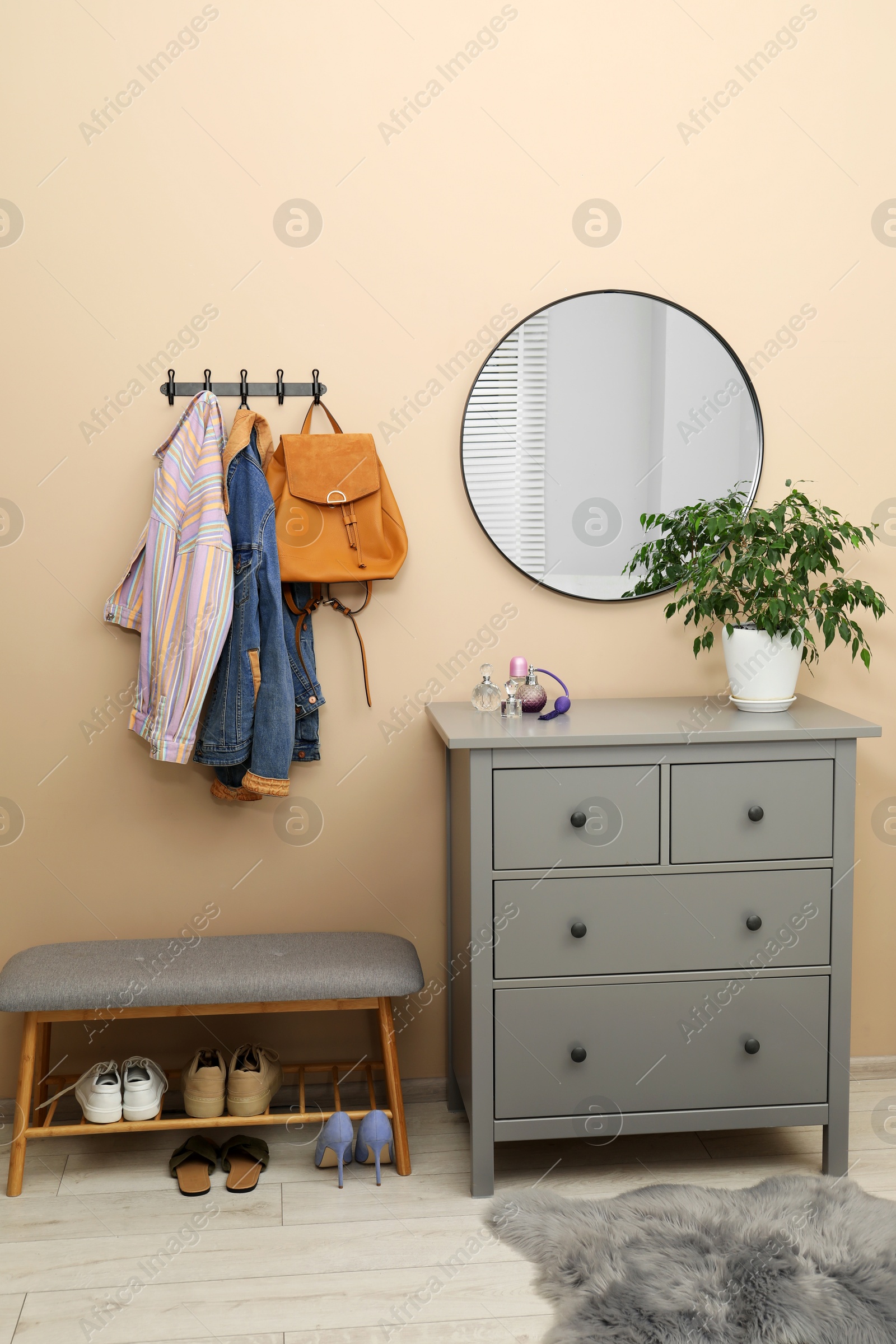 Photo of Coat rack with clothes, mirror, houseplant, shoe storage bench and chest of drawers in hallway. Interior design