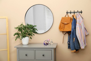 Photo of Coat rack with clothes, mirror, houseplant and chest of drawers in hallway. Interior design