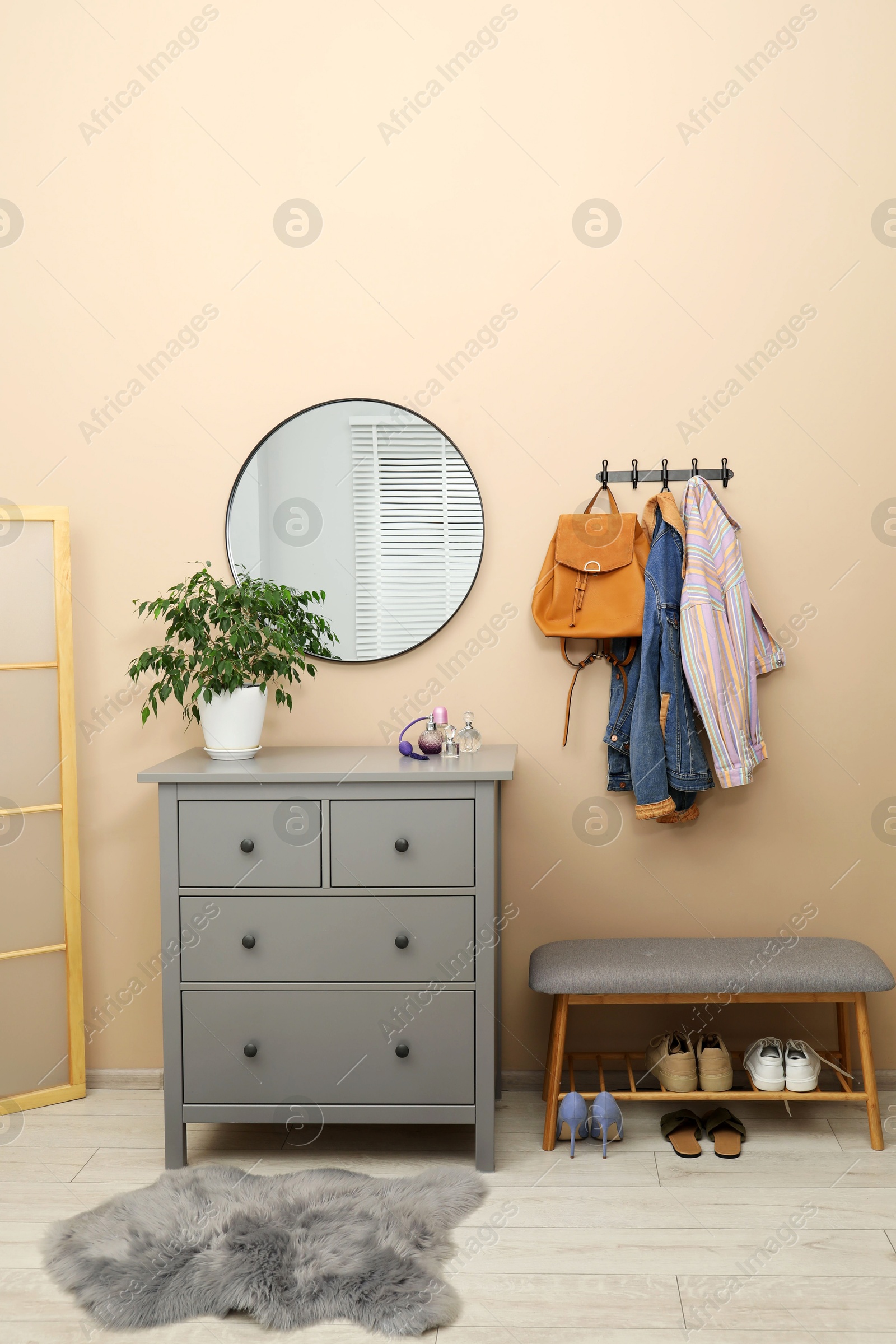 Photo of Coat rack with clothes, mirror, houseplant, shoe storage bench and chest of drawers in hallway. Interior design