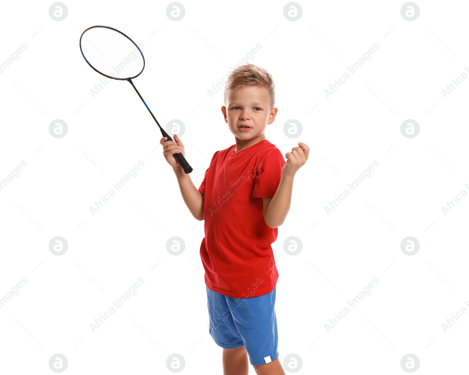 Photo of Little boy with badminton racket on white background