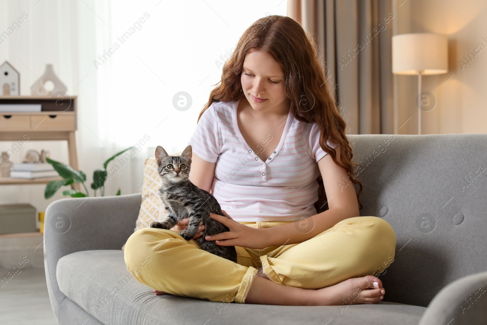 Photo of Beautiful teenage girl with cute cat on sofa at home