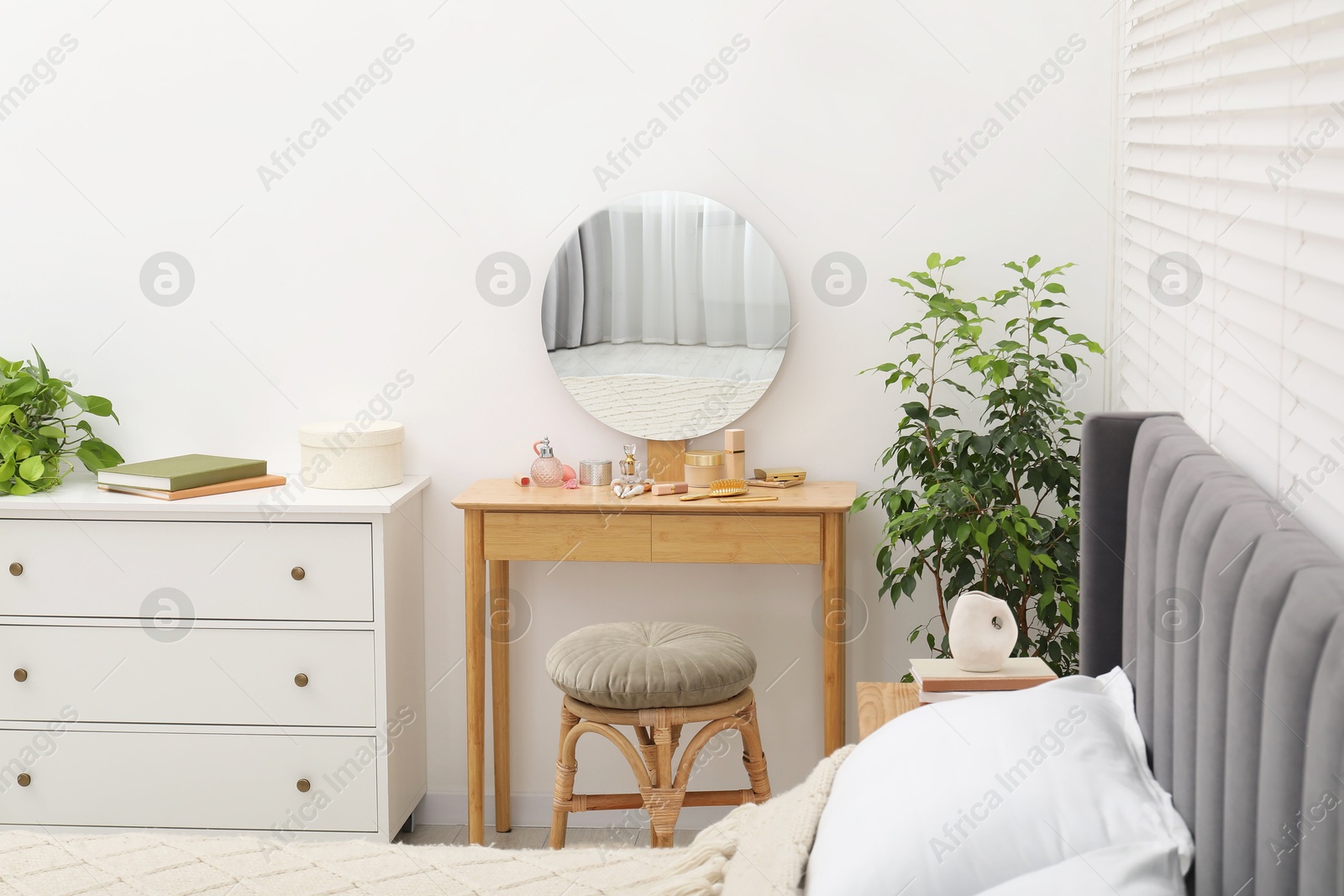 Photo of Mirror, dressing table, houseplant, bed and chest of drawers indoors. Interior design