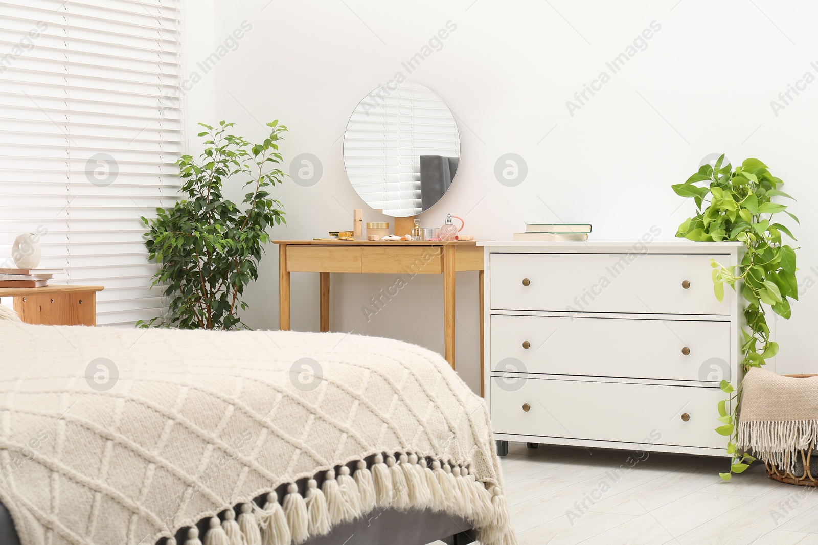 Photo of Mirror, dressing table, houseplants, bed and chest of drawers indoors. Interior design