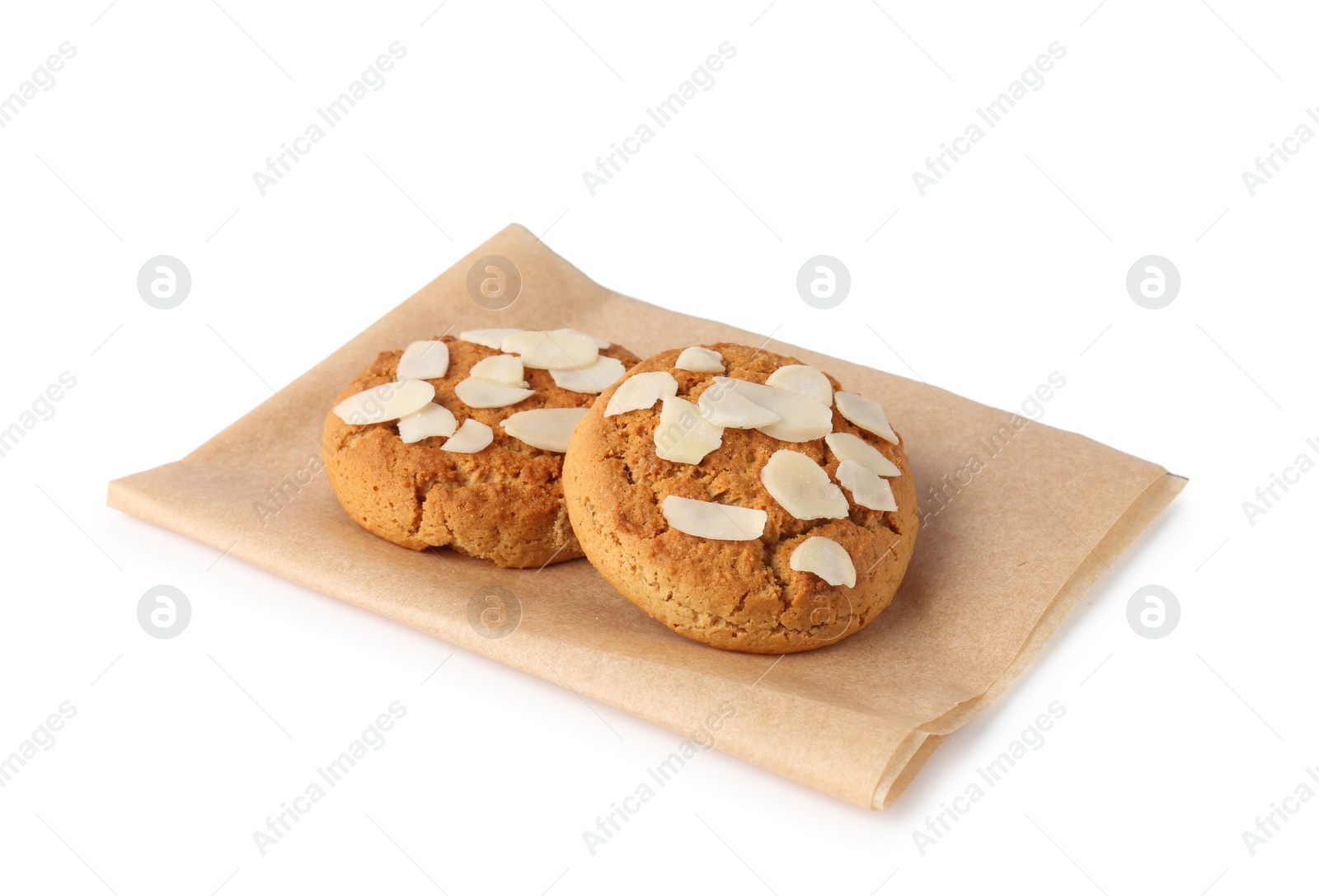 Photo of Tasty cookies with almond flakes isolated on white