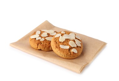 Photo of Tasty cookies with almond flakes isolated on white