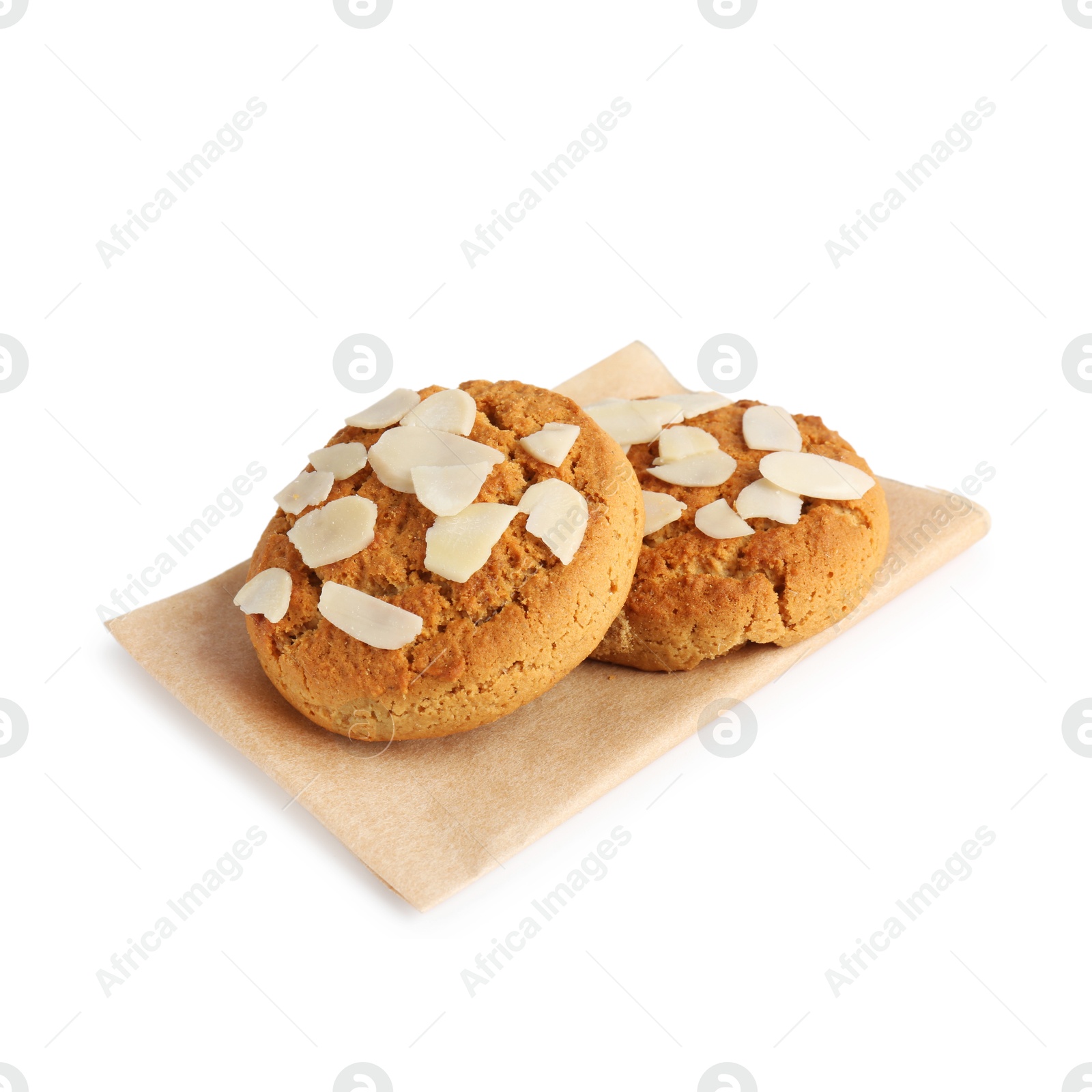 Photo of Tasty cookies with almond flakes isolated on white