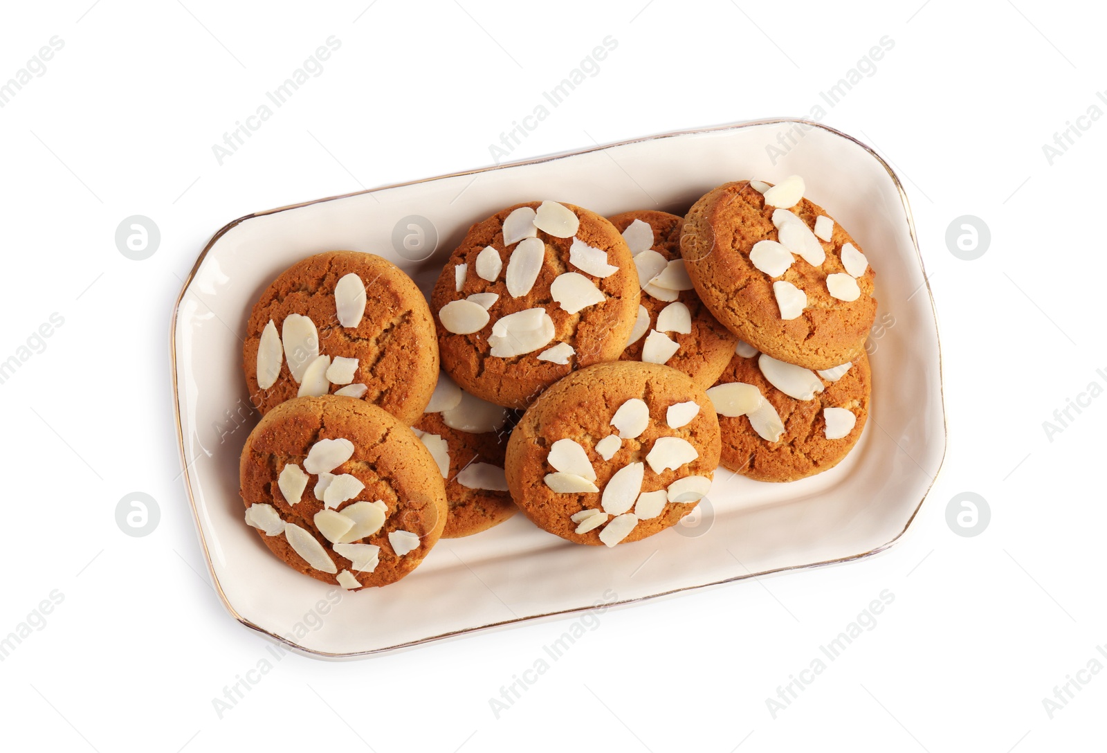 Photo of Tasty cookies with almond flakes isolated on white, top view