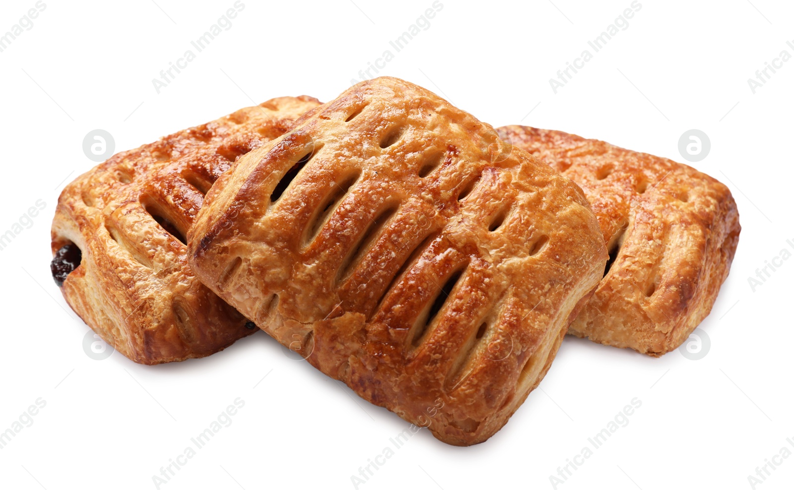 Photo of Delicious puff pastries with fruit filling isolated on white