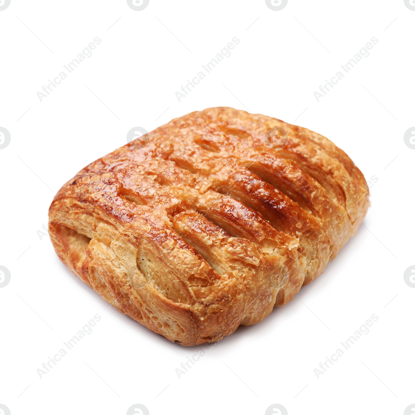 Photo of One delicious puff pastry with fruit filling isolated on white