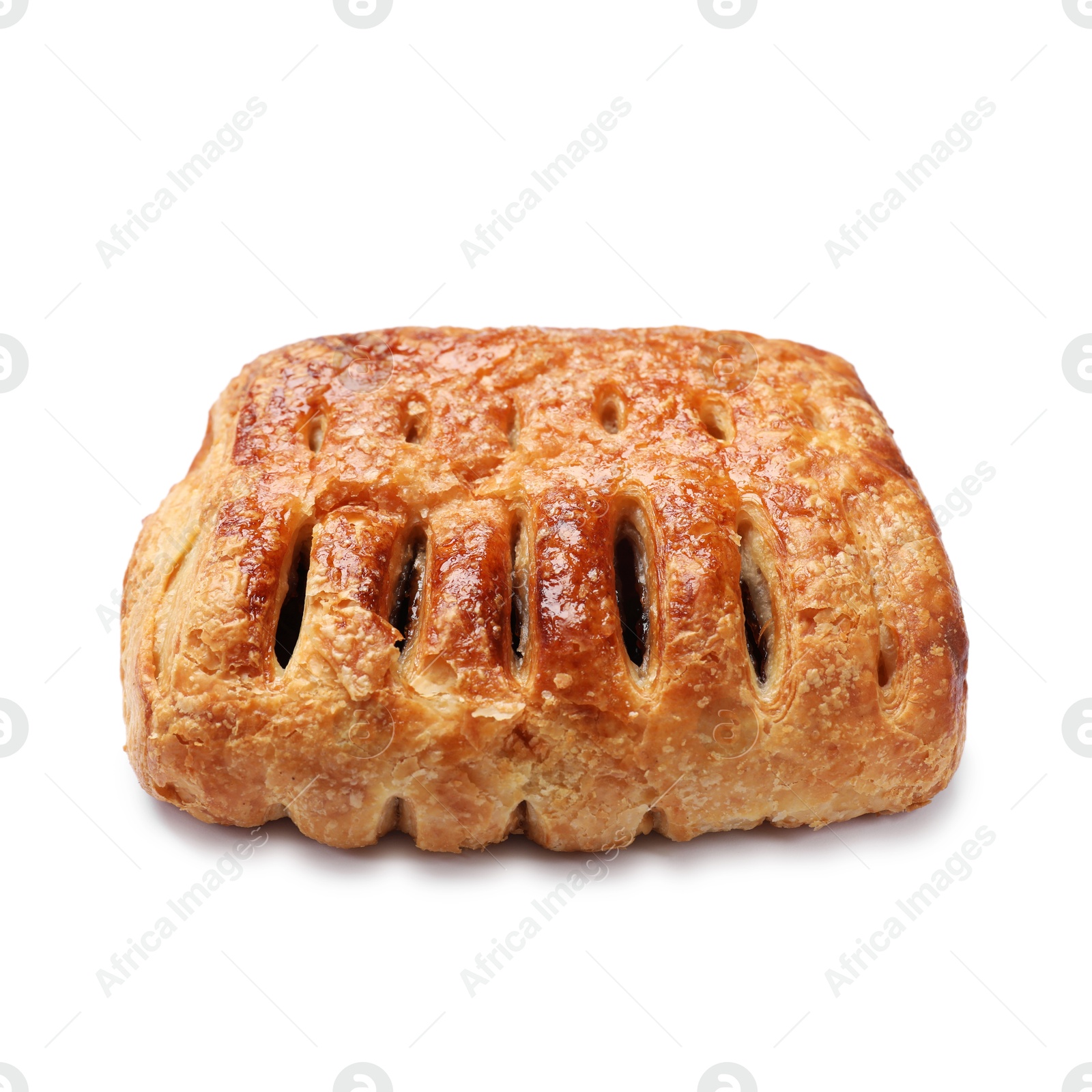 Photo of One delicious puff pastry with fruit filling isolated on white