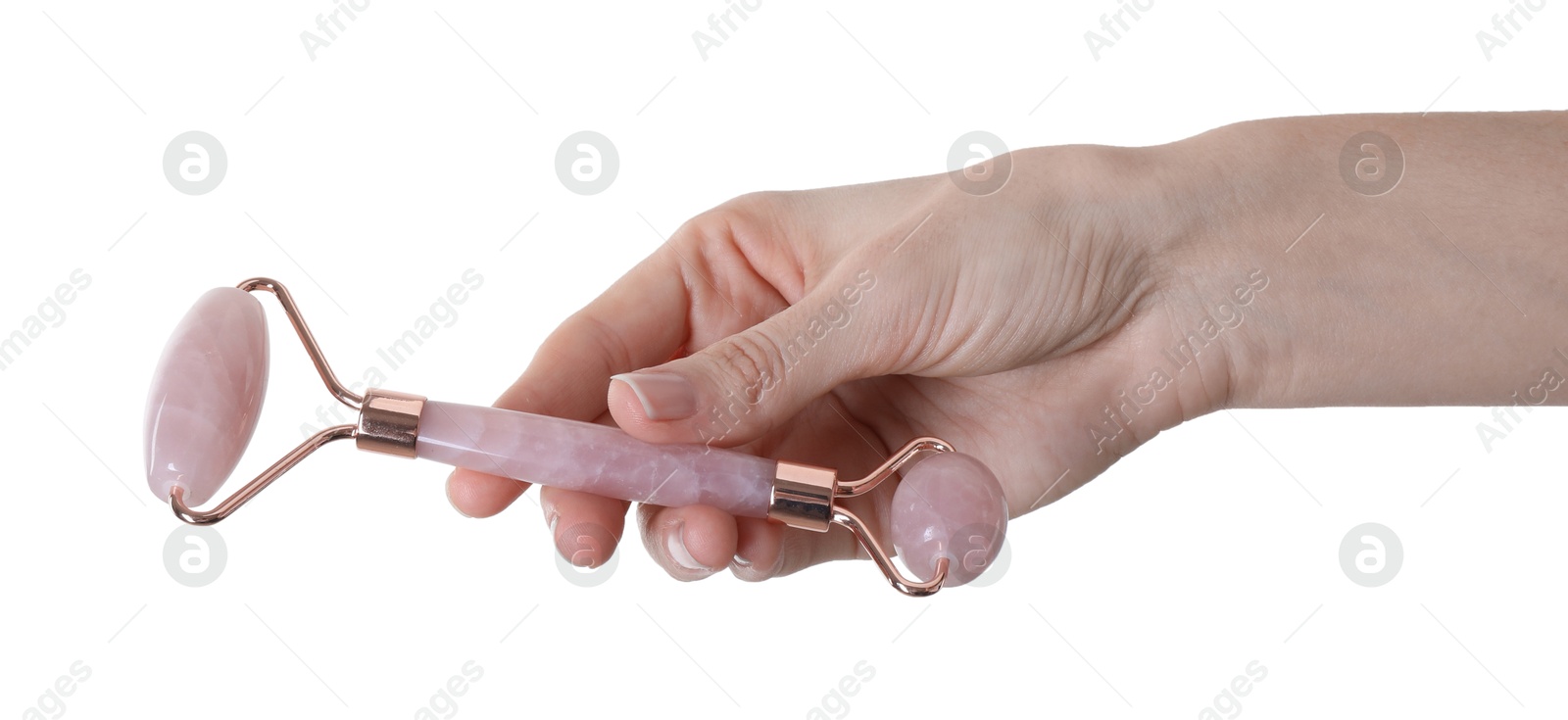 Photo of Woman holding face roller on white background, closeup