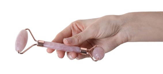 Photo of Woman holding face roller on white background, closeup