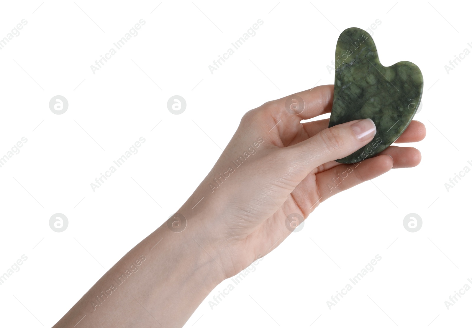 Photo of Woman holding gua sha tool on white background, closeup