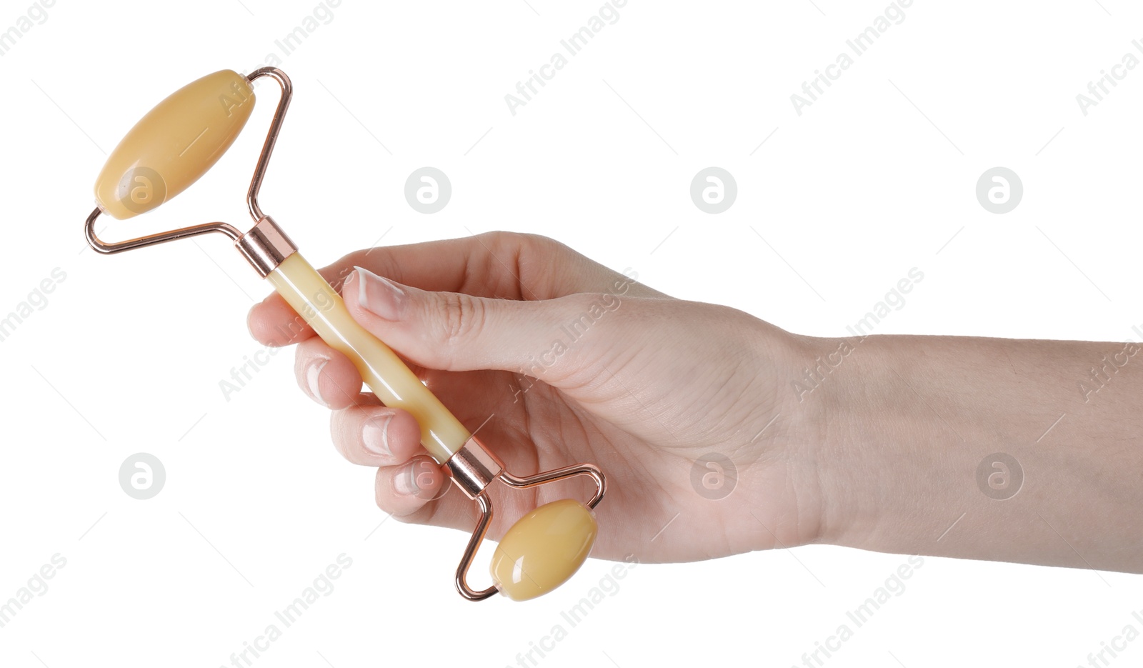 Photo of Woman holding face roller on white background, closeup