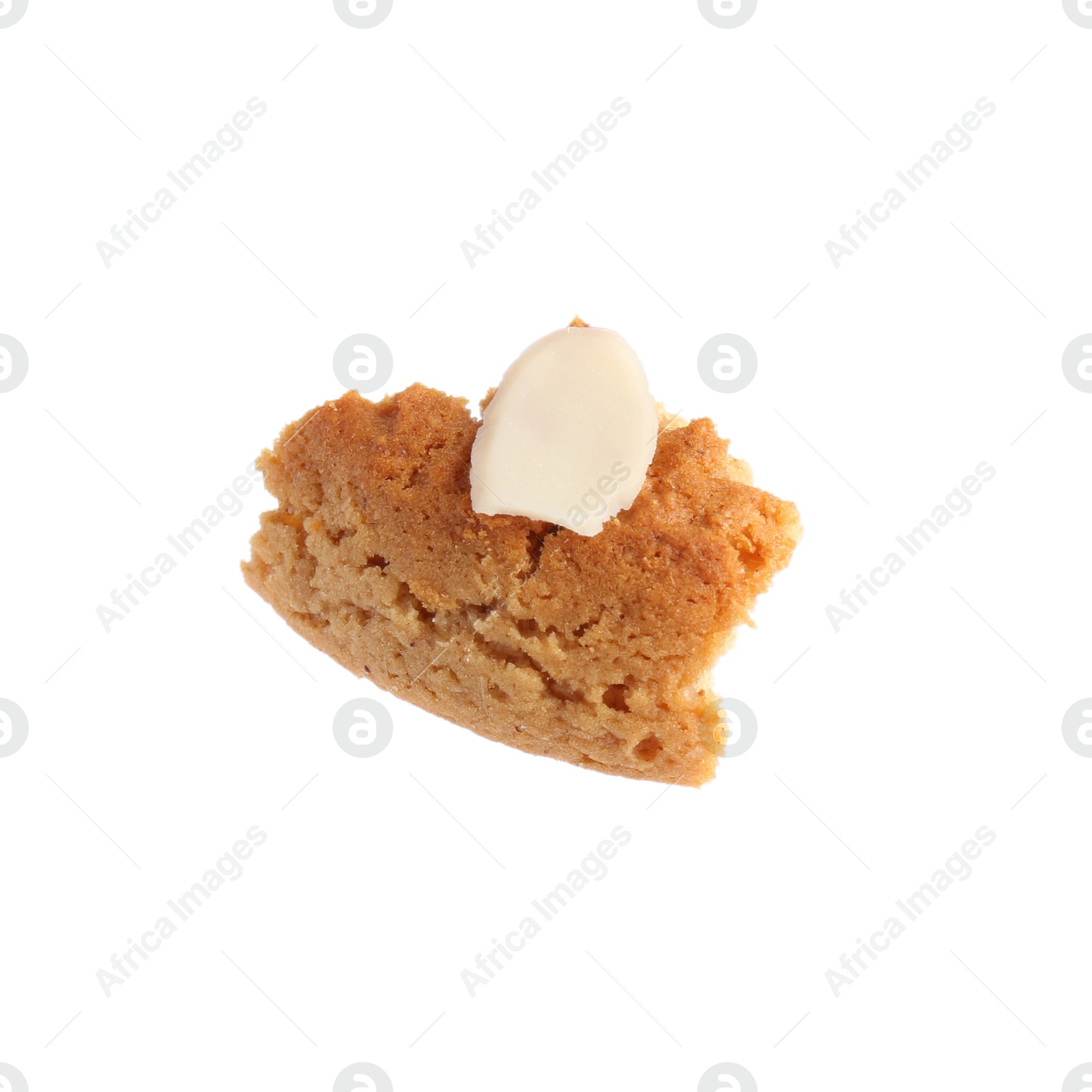 Photo of Piece of tasty cookie with almond flake isolated on white