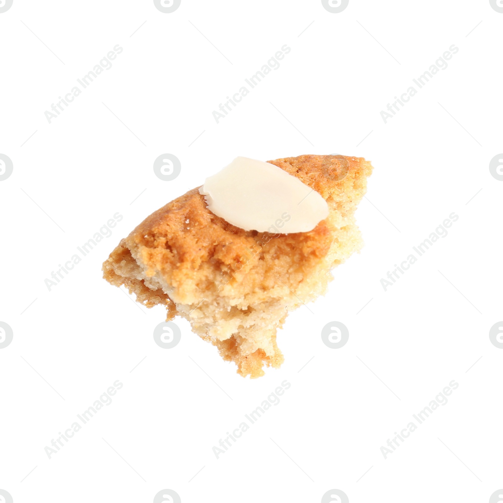 Photo of Piece of tasty cookie with almond flake isolated on white