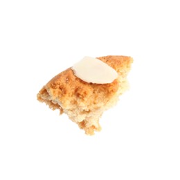 Photo of Piece of tasty cookie with almond flake isolated on white