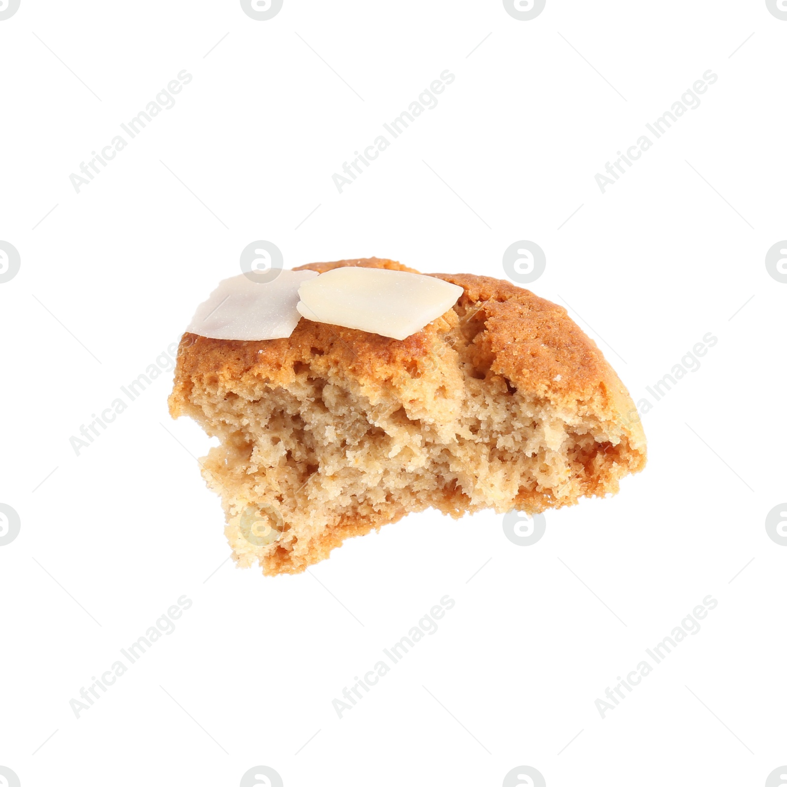 Photo of Piece of tasty cookie with almond flakes isolated on white