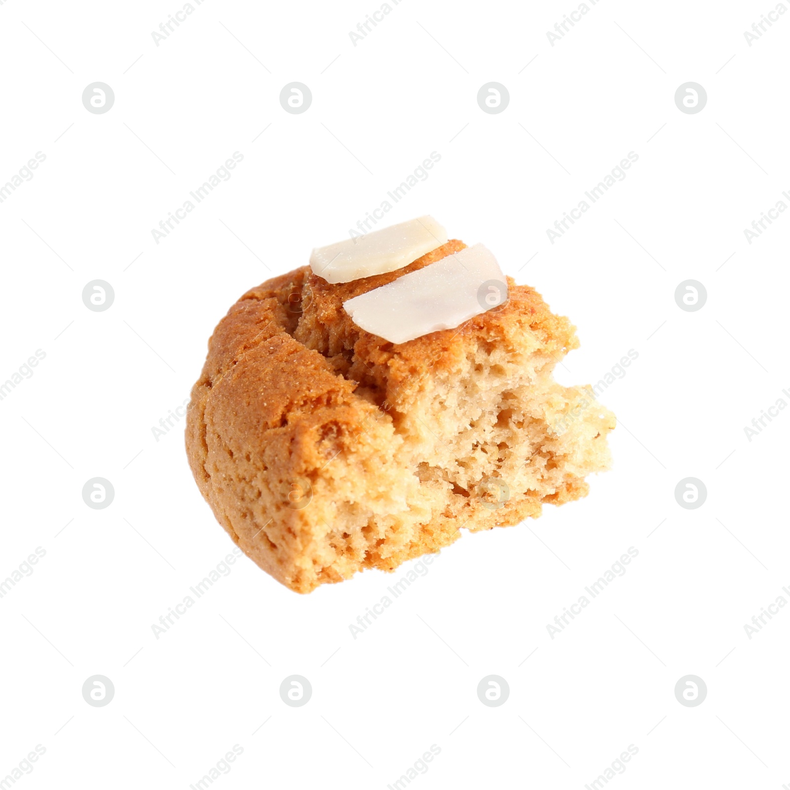 Photo of Piece of tasty cookie with almond flakes isolated on white