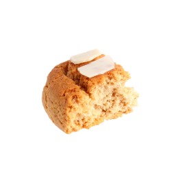 Photo of Piece of tasty cookie with almond flakes isolated on white