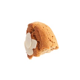 Photo of Piece of tasty cookie with almond flakes isolated on white