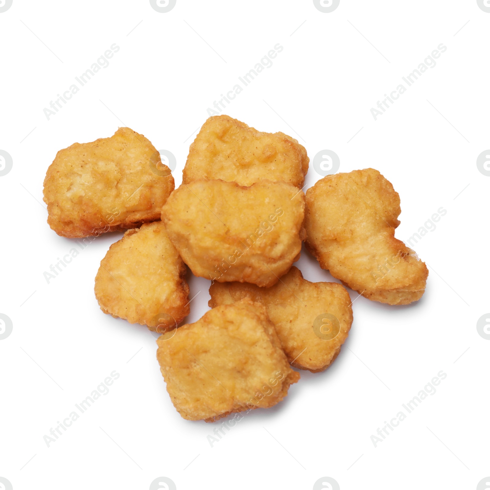 Photo of Delicious chicken nuggets isolated on white, top view