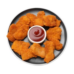 Delicious chicken nuggets with ketchup isolated on white, top view