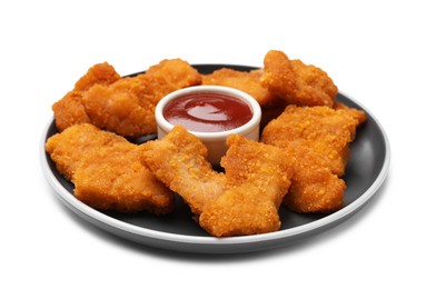 Photo of Delicious chicken nuggets with ketchup isolated on white