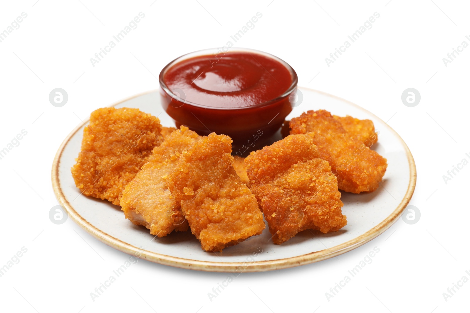 Photo of Delicious chicken nuggets with ketchup isolated on white