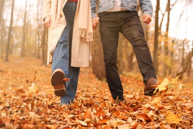 Photo of Couple spending time together in autumn park, closeup