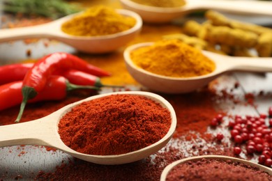 Different aromatic spices in spoons on table, closeup