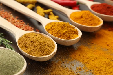 Different aromatic spices in spoons on table, closeup