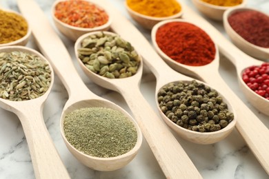 Photo of Different aromatic spices in spoons on white marble table, closeup