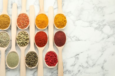 Photo of Different aromatic spices in spoons on white marble table, flat lay. Space for text