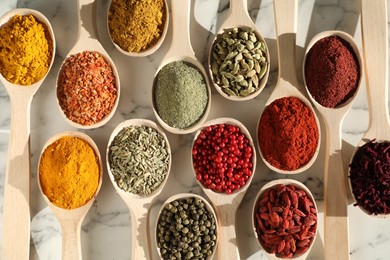 Photo of Different aromatic spices in spoons on white marble table, flat lay