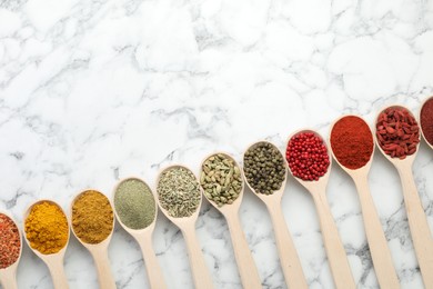 Photo of Different aromatic spices in spoons on white marble table, flat lay. Space for text